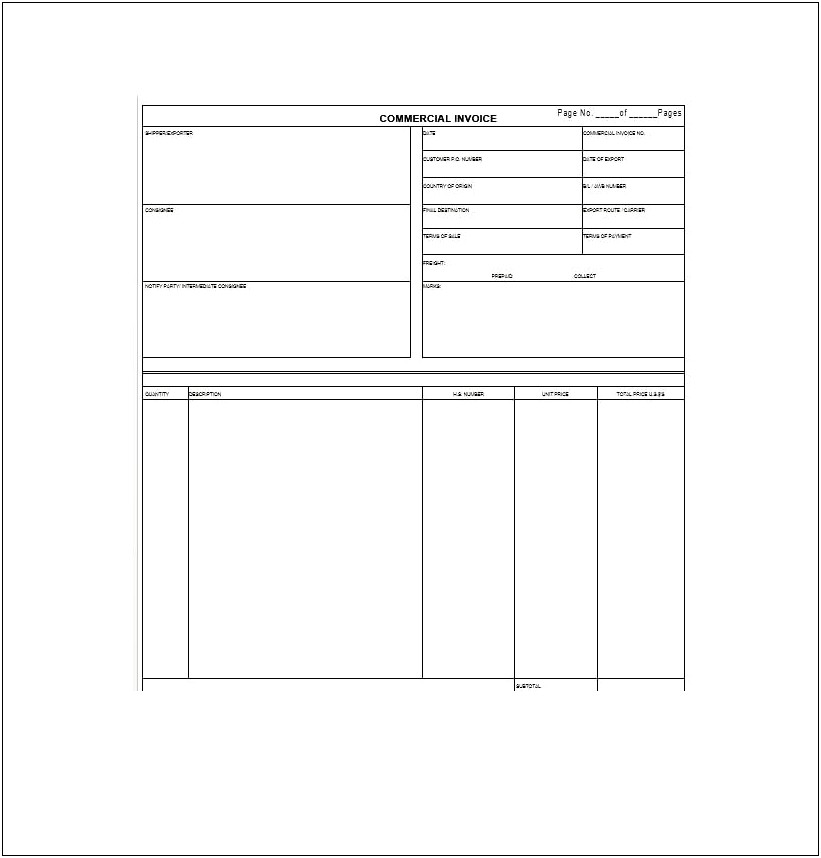 Free Commercial Invoice For Export Template