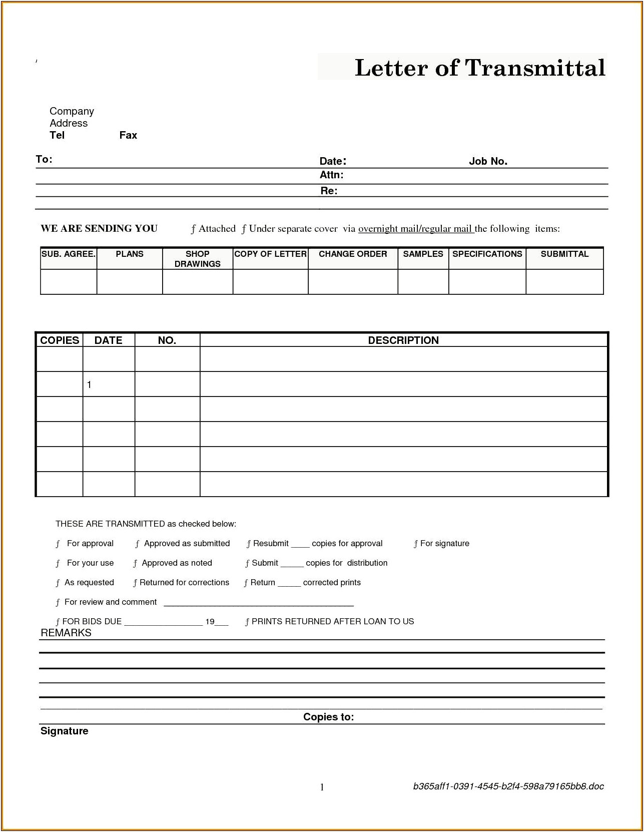 Free Construction Letter Of Transmittal Template