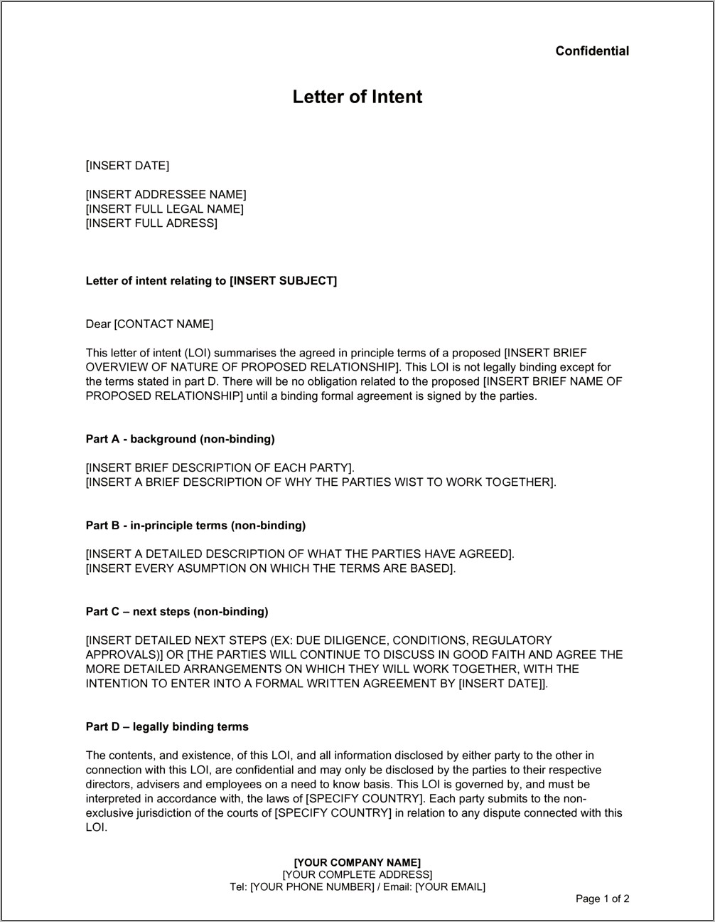 Free Letter Of Intent Template Word