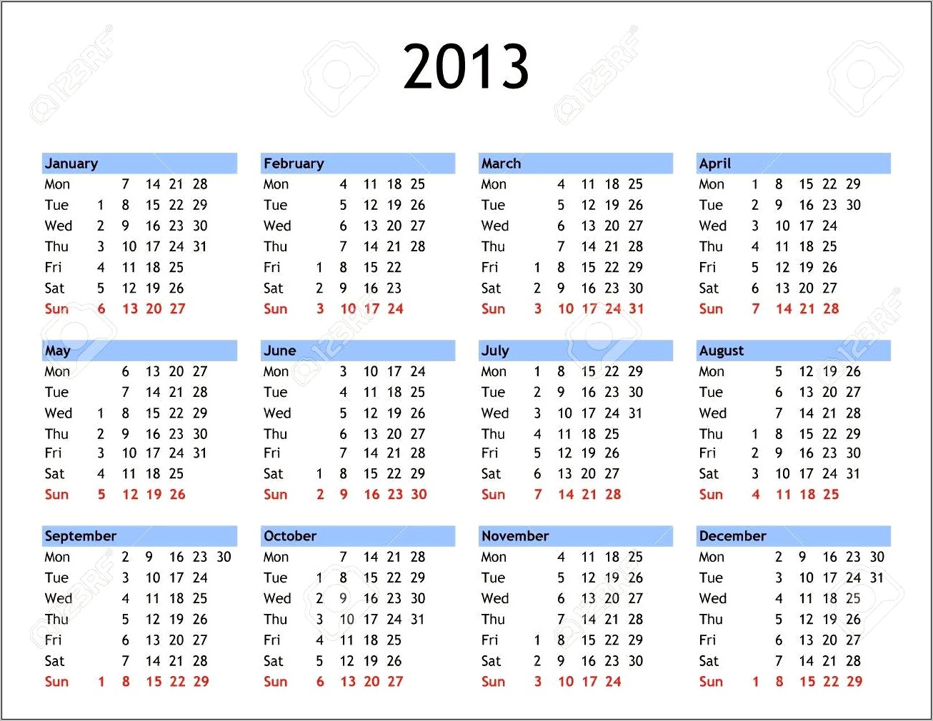 Free Printable 2013 Yearly Calendar Template