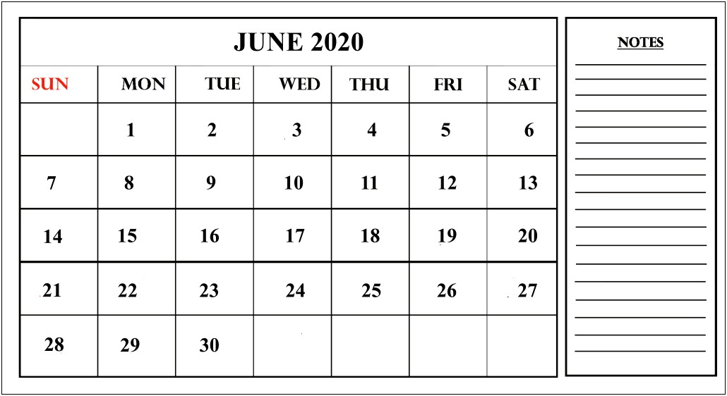 Free Printable June 2020 Calendar Template