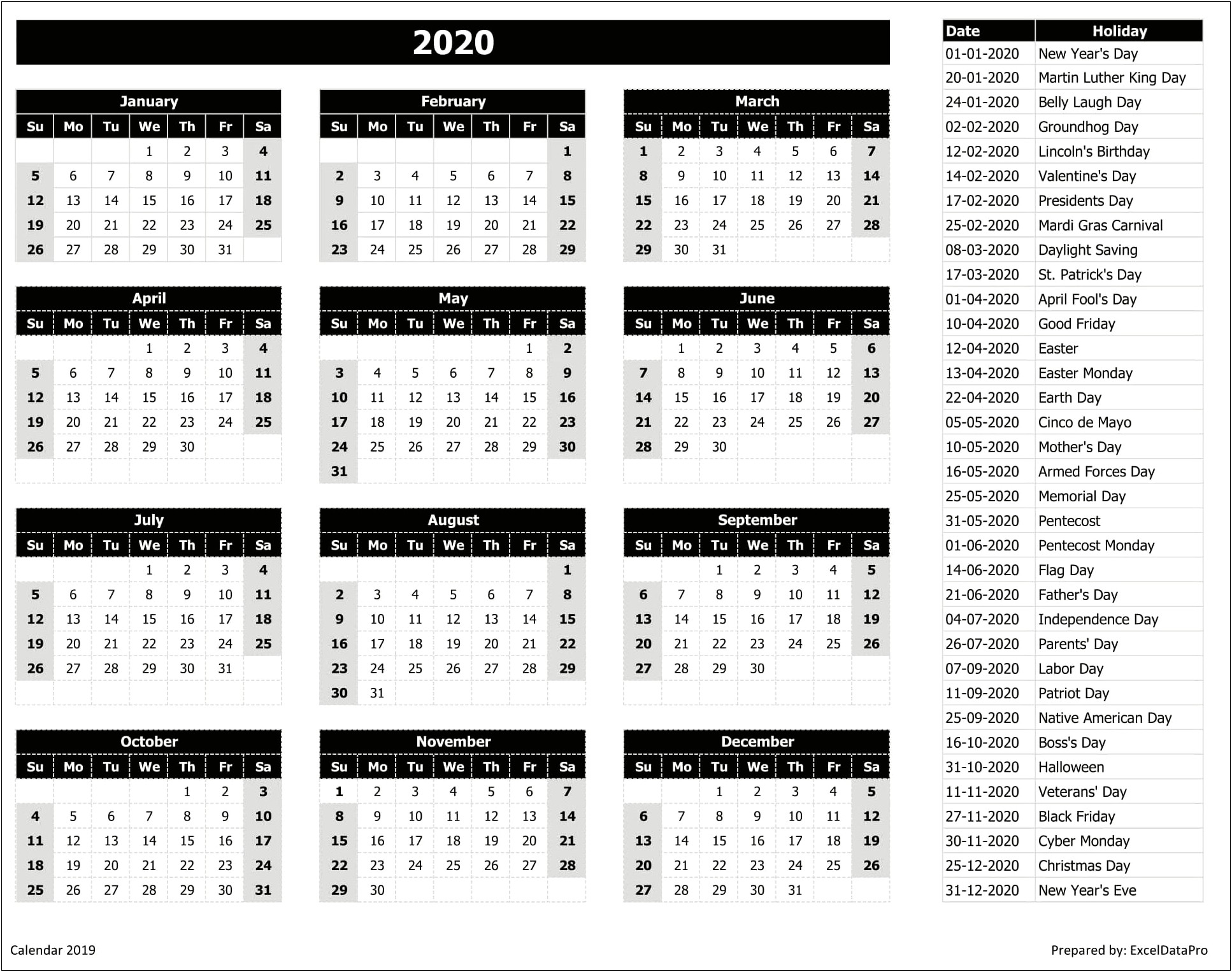 Free Printable Template Excel 2020 Calendar