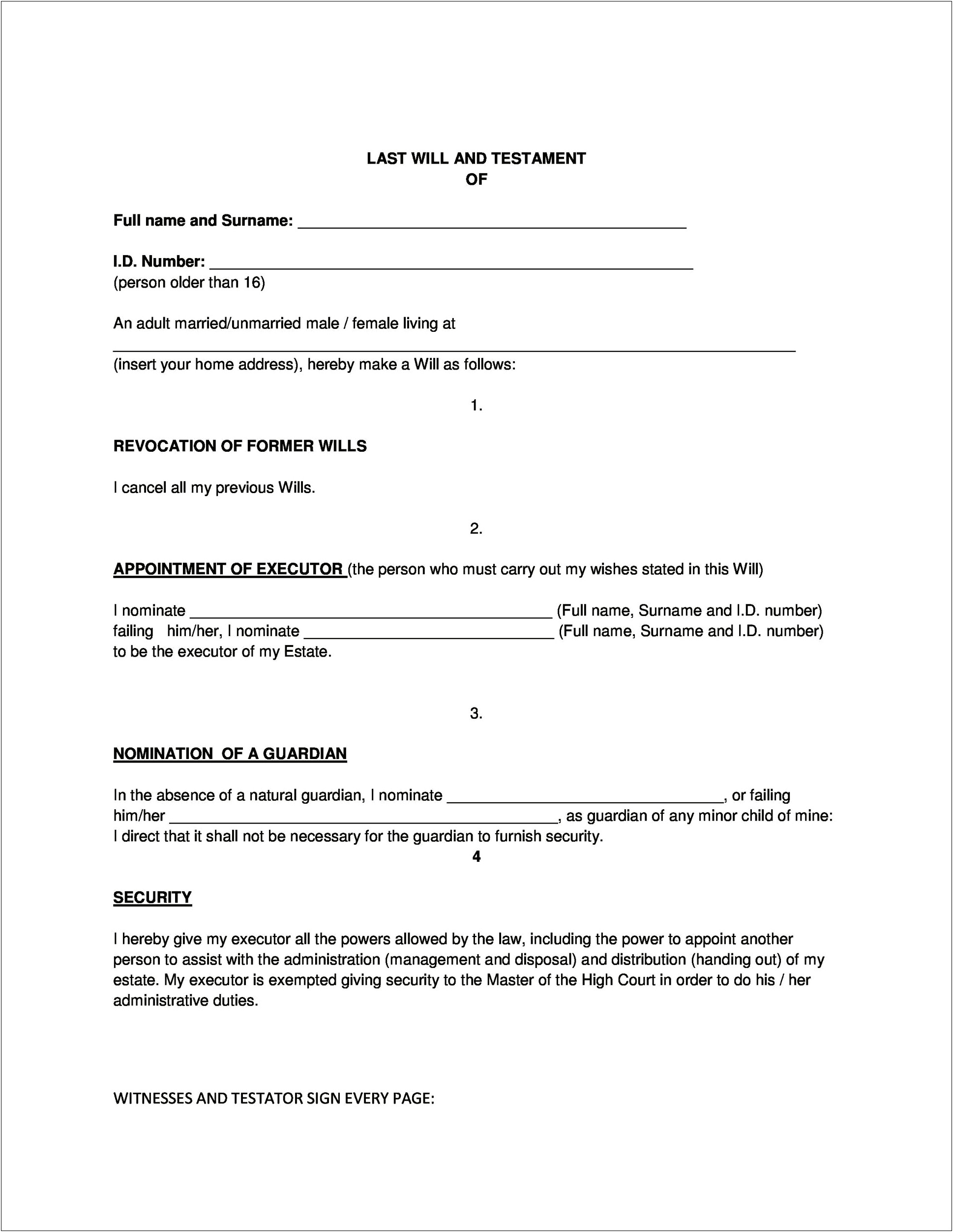 Free Printable Template For A Will