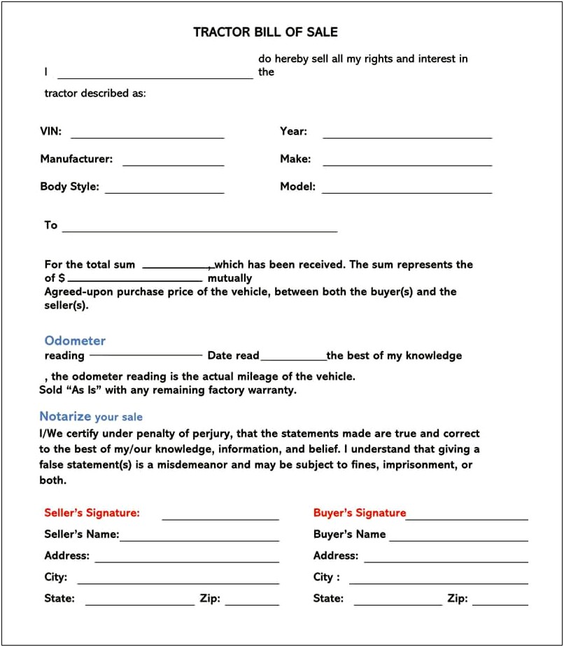 Free Tractor Bill Of Sale Template