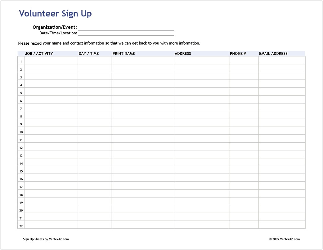 Free Volunteer Sign Up Sheet Template