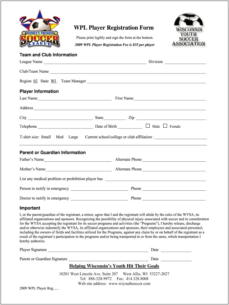 Free Youth Football Registration Form Template