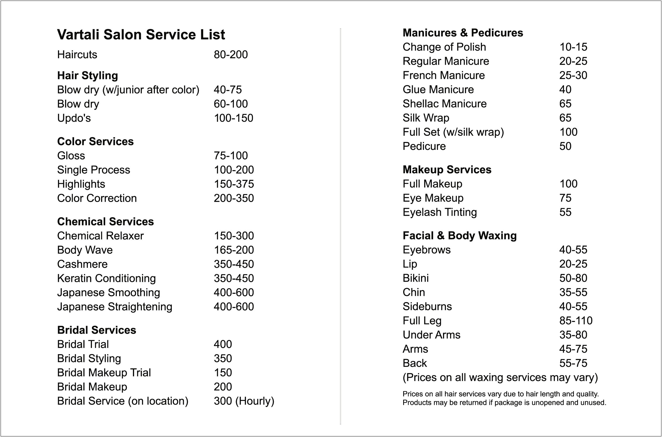 Hairdressing Price List Template Word Free