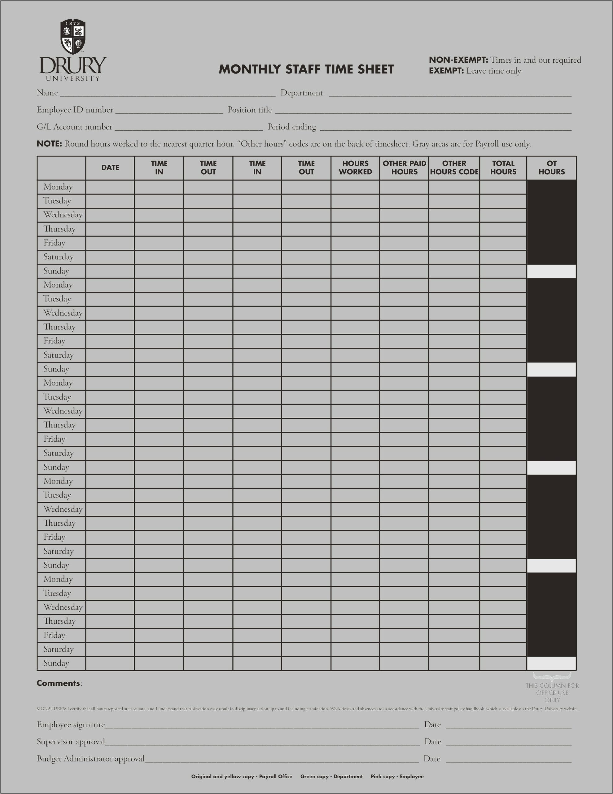 Free Fillable Printable Monthly Timesheet Template Resume Example Gallery
