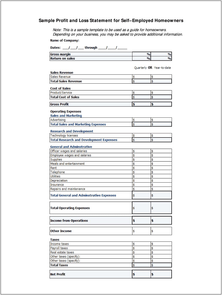 Profit And Loss Worksheet Template Free