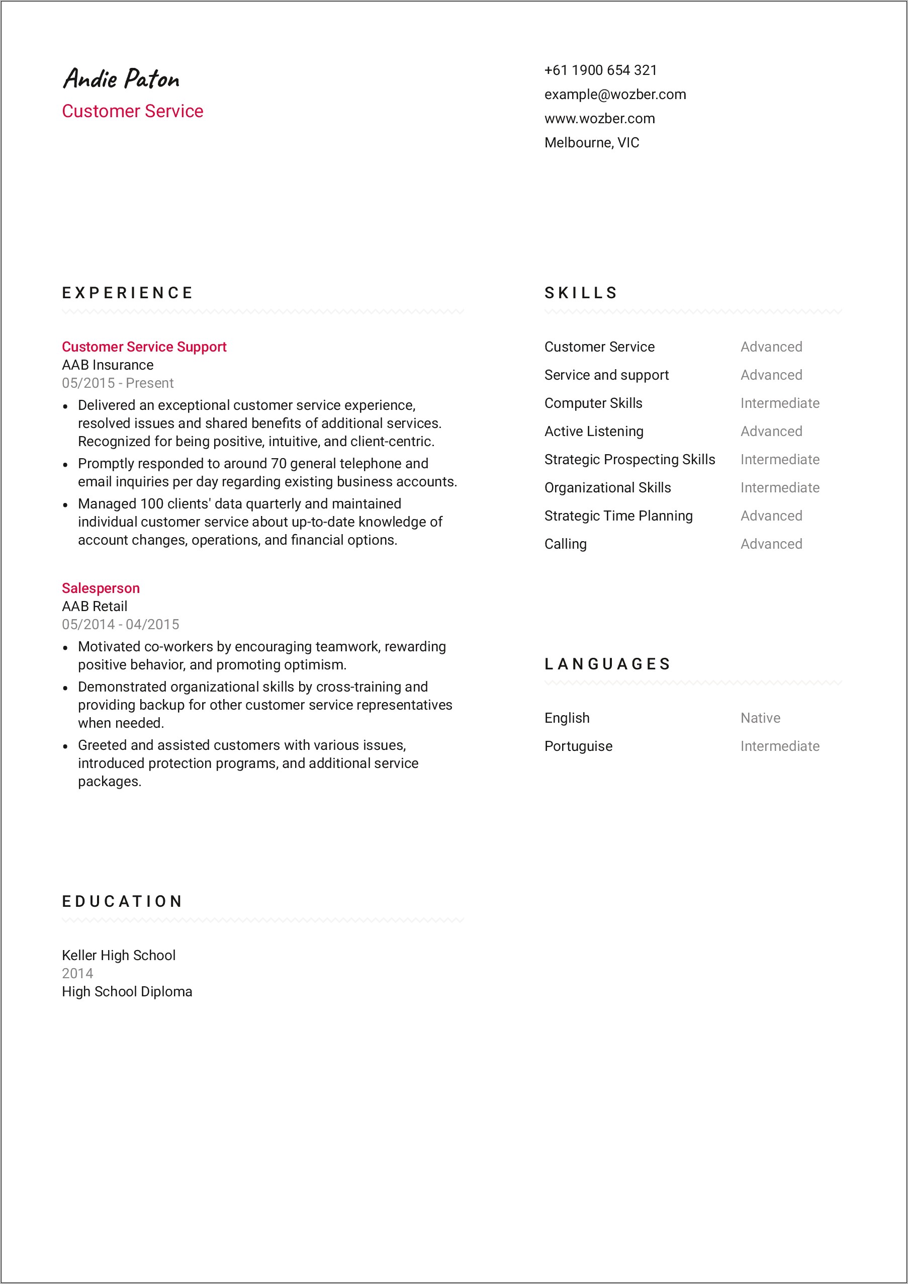 Resume Samples For Customer Service Skills