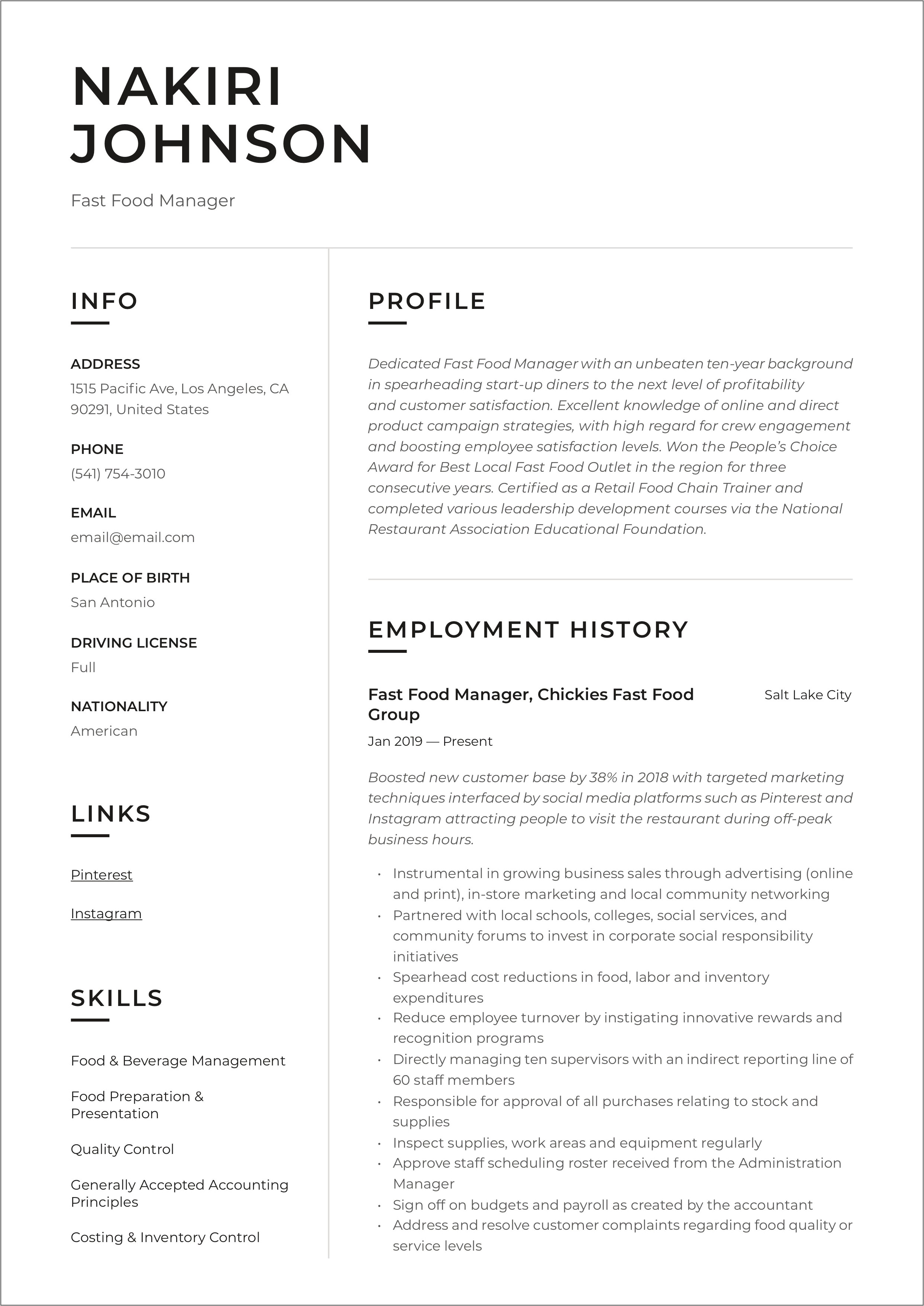 Resume Skills Examples For Fast Food