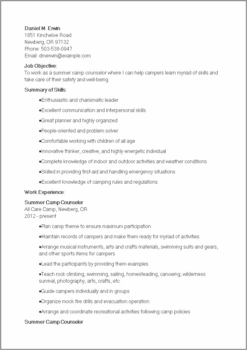 Resume Skills List For Camp Counselor