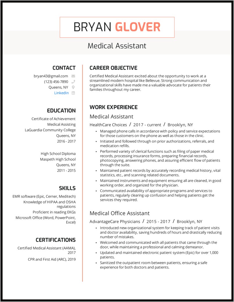 Resume Skills Section Example For Medical Records