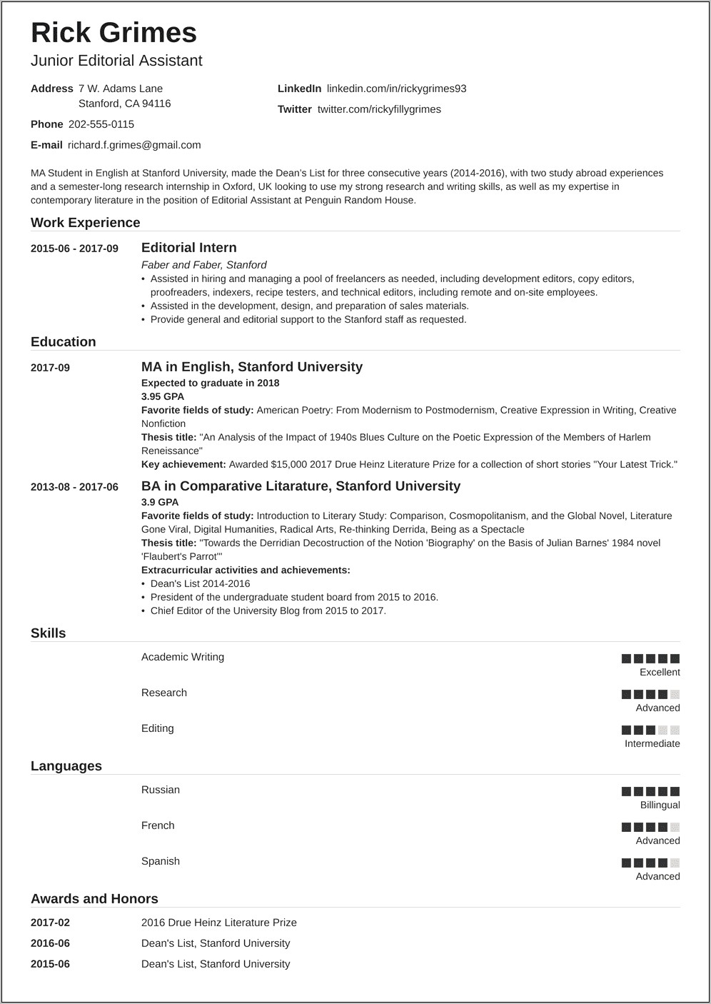 Resume Summary Example For Entry Level College Student