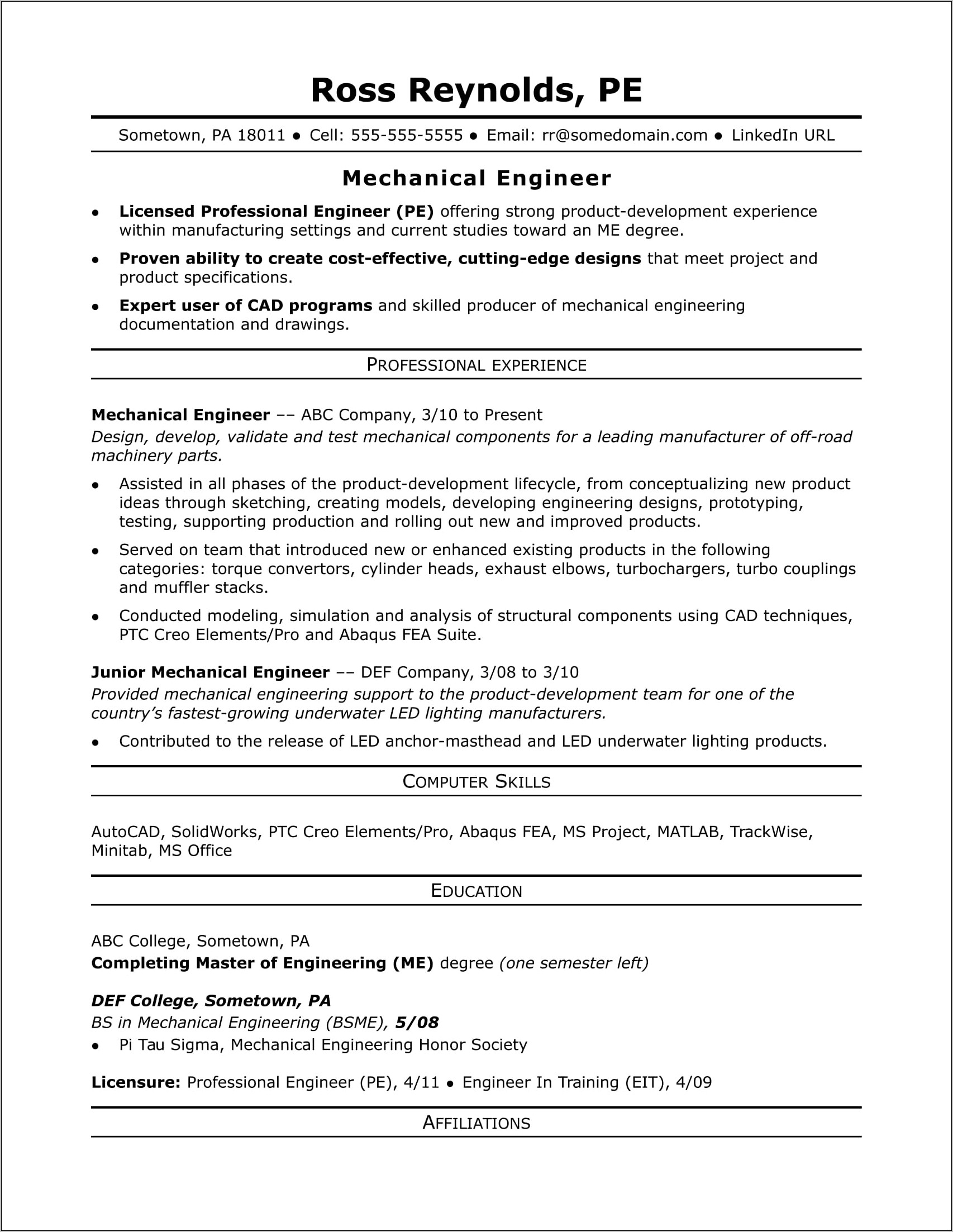 Resume Summary Examples For Engineer