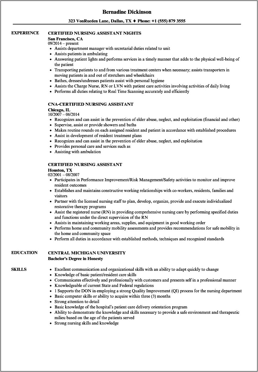 Resume Summary For Certified Nursing Assistant