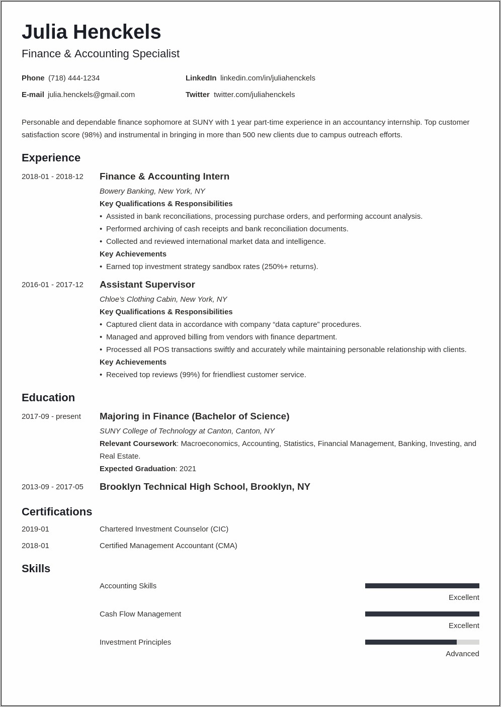 Resume Summary Statement For College Studetn