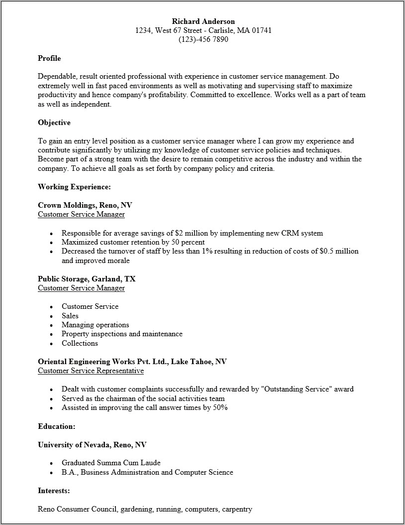 Resume Summary Statement For Customer Service Manager