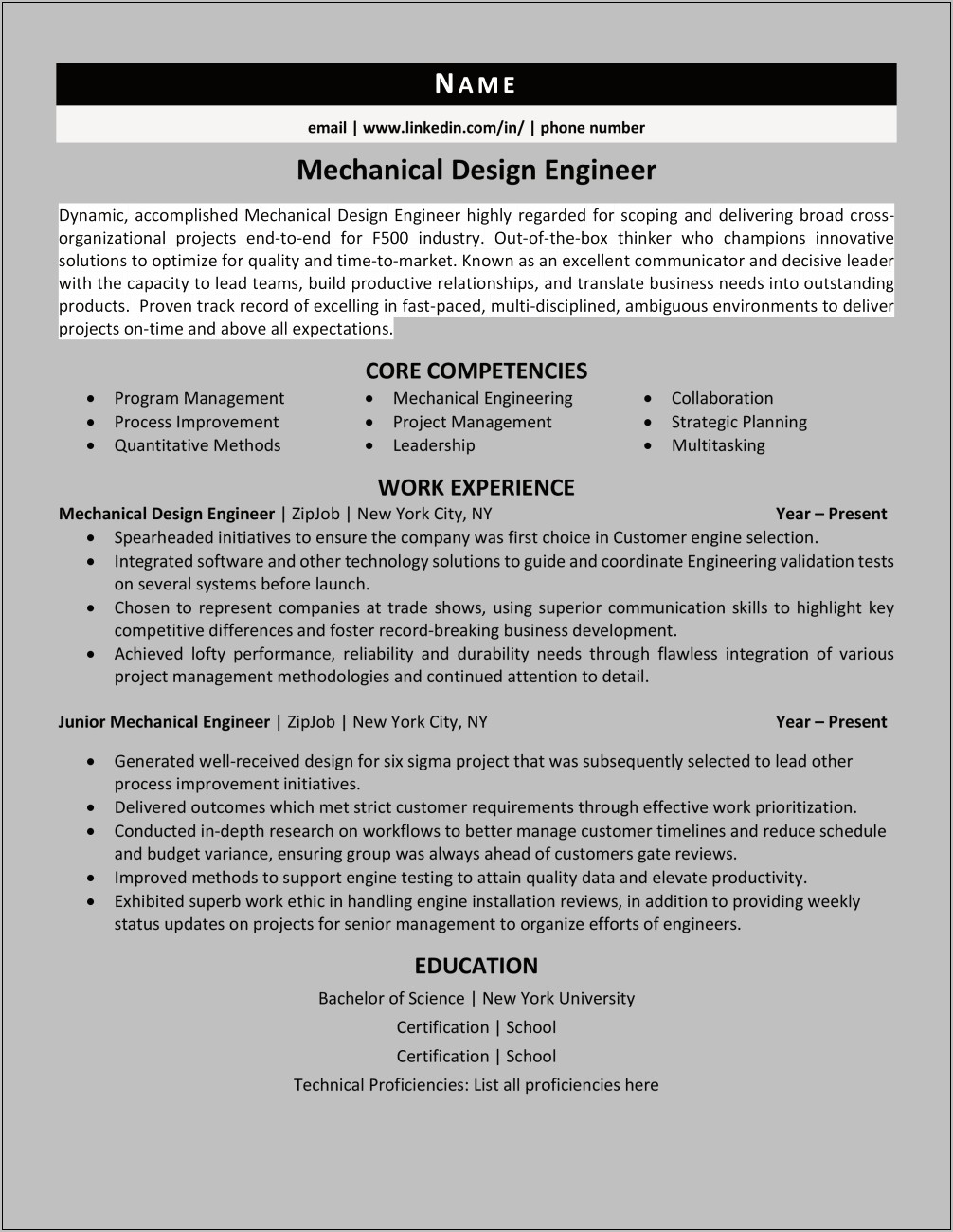 Resume Template For Mechanical Design Engineer