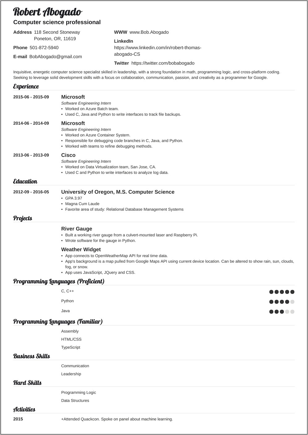 Resume Template Recent Computer Science Graduate