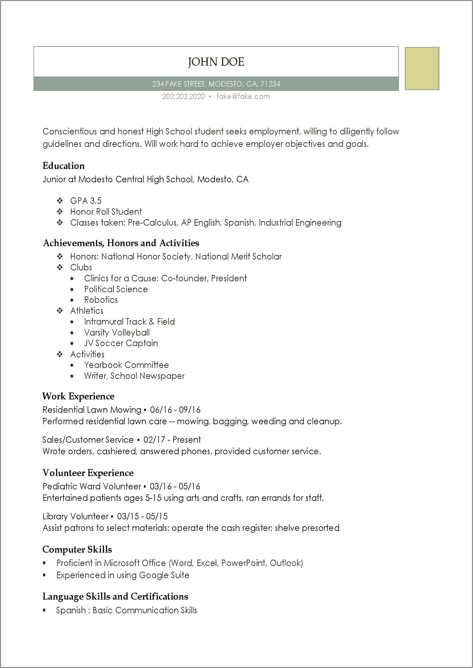 Resume That Highlights School And Emplyment