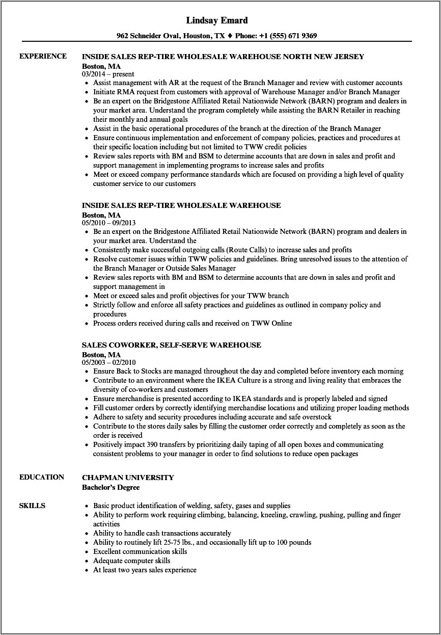 Resume To Work In A Warehouse