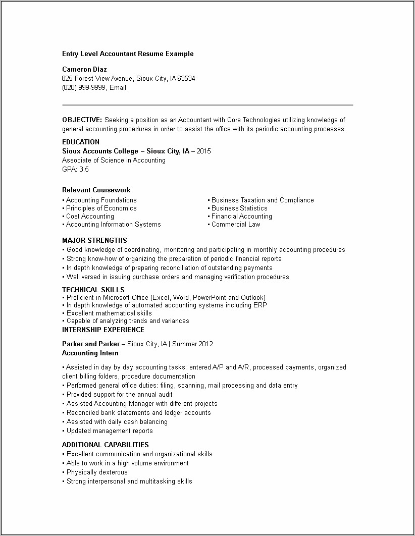 Resume With Knowledge Skills Abut Legers Accounting