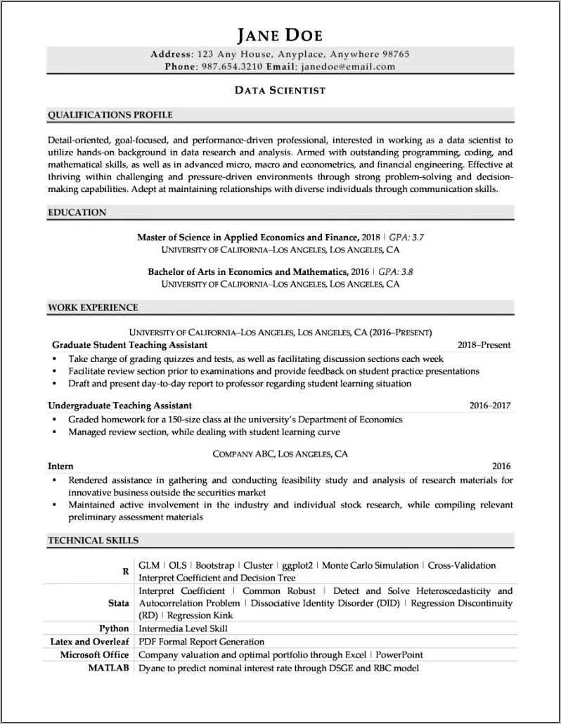 Resume With Less Than One Year Experience