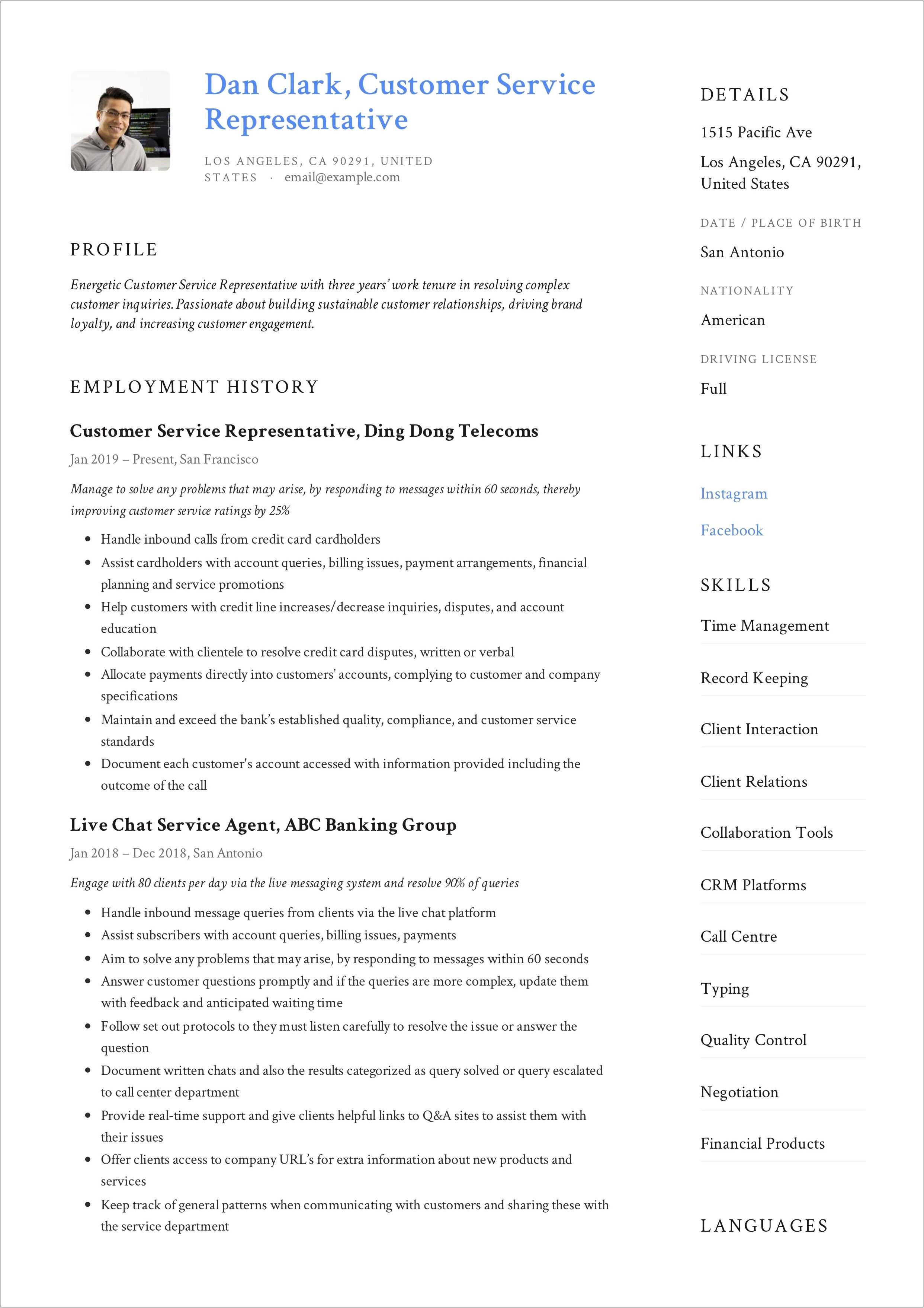 Resumes Examples For Call Center Customer Service