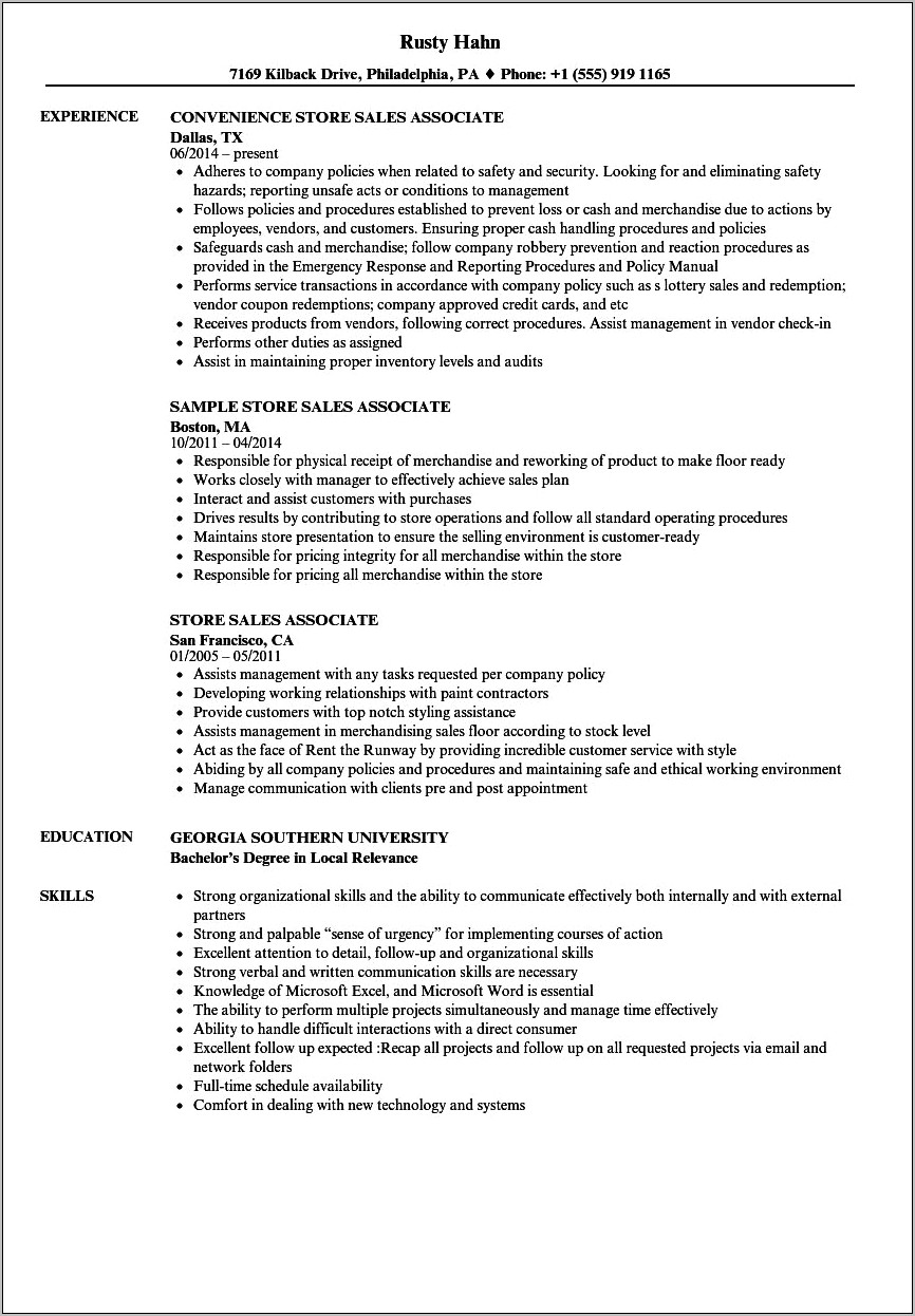 Sales Associate Resume Job Description Sample