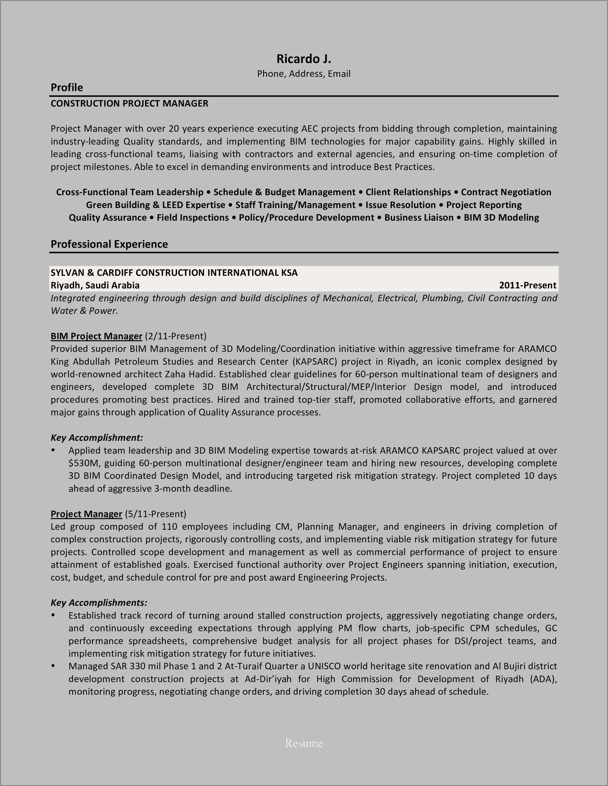 Same Construction Project Manager Resume Examples