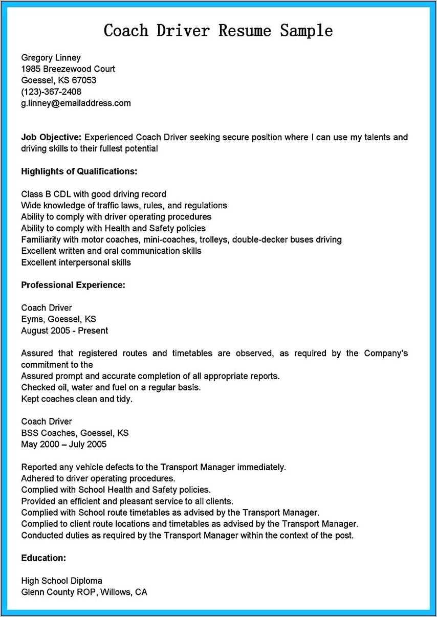 Sample Bus Driver Resume Cover Letter