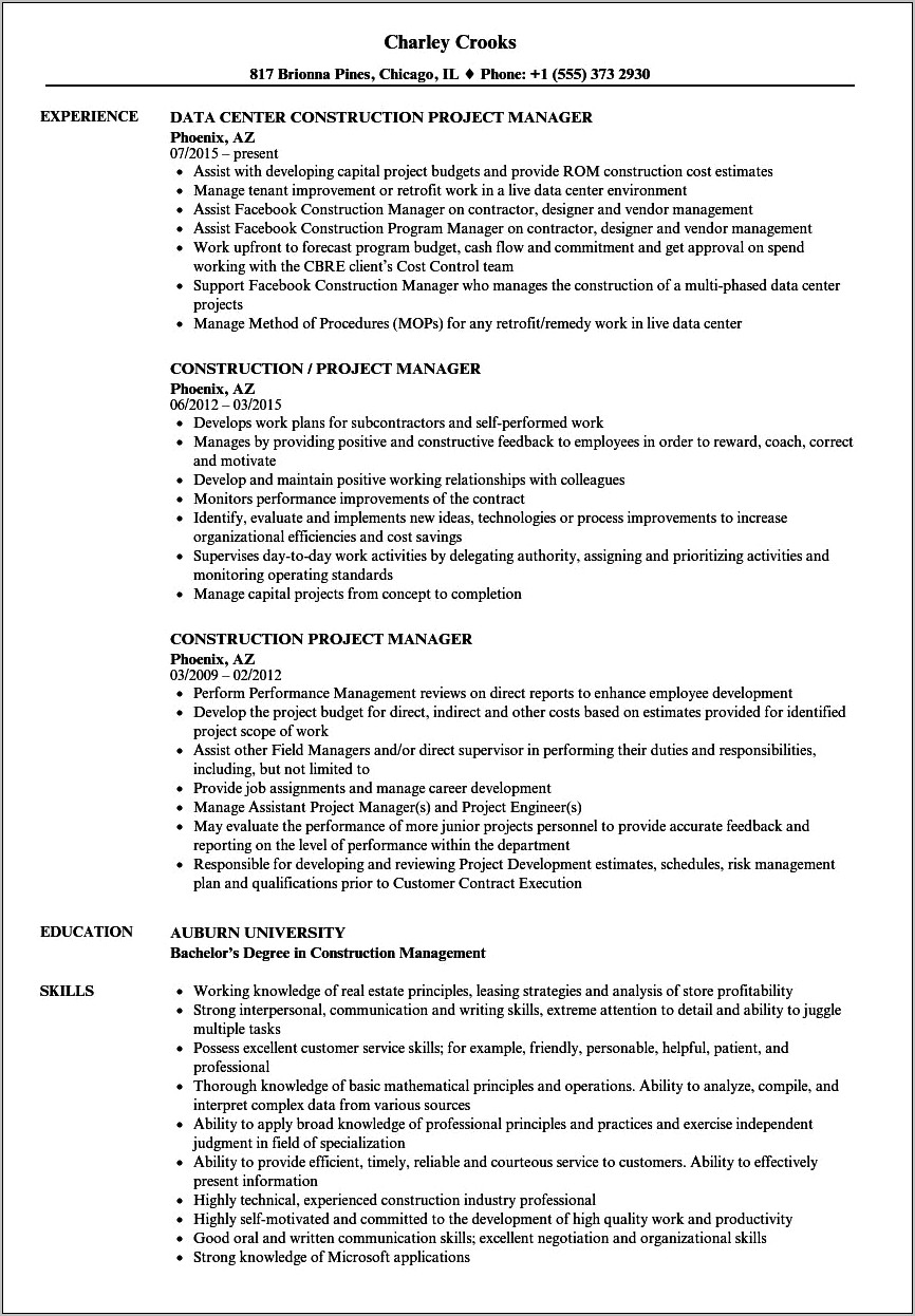 Sample Construction Project List For Resume Resume Example Gallery