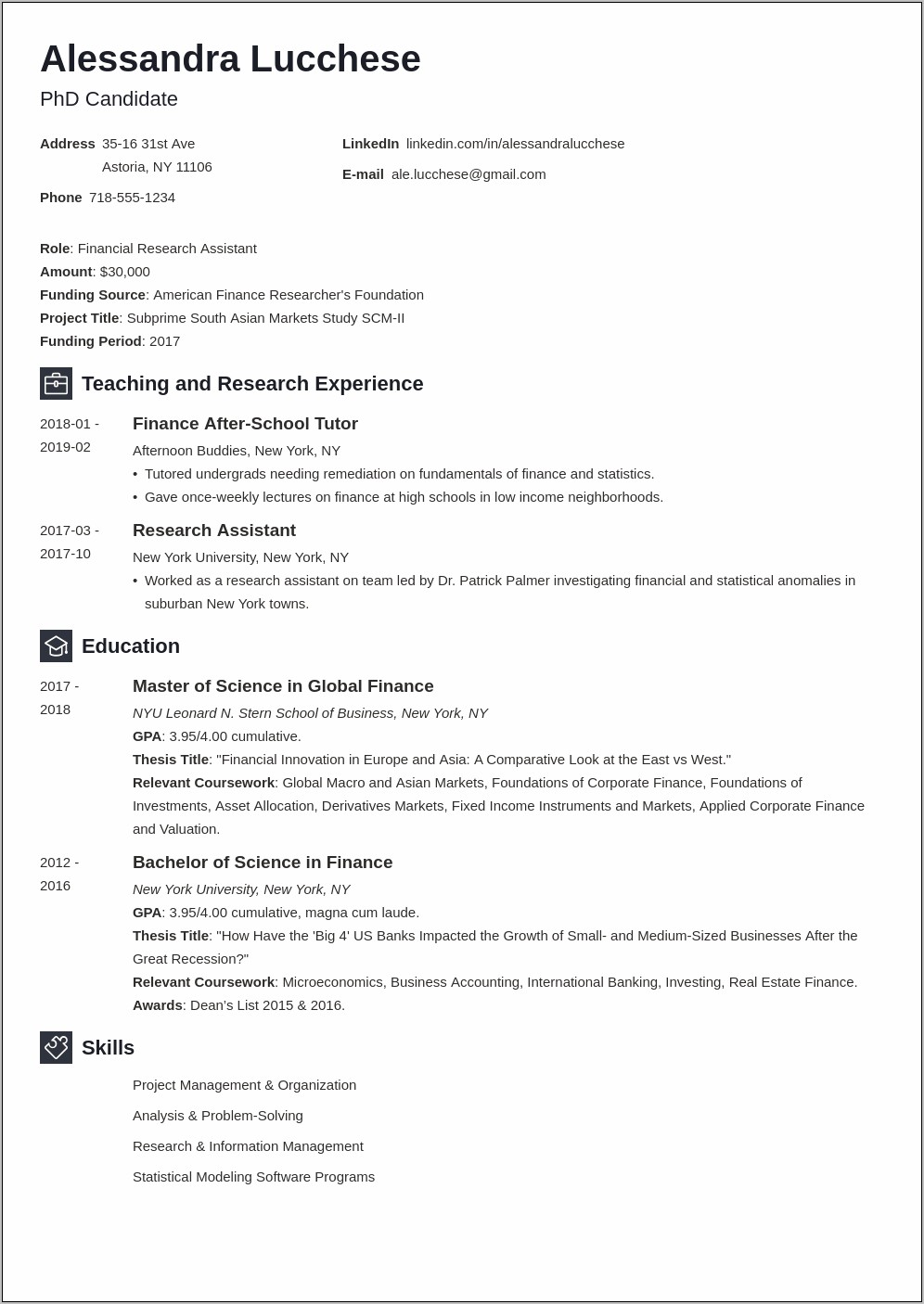 Sample Cv Resume For Graduate School