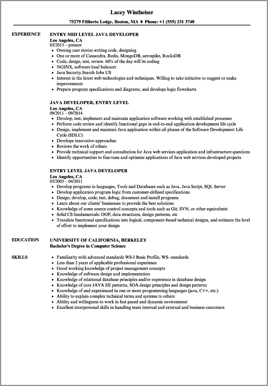 Sample Java Resume Of College Graduate