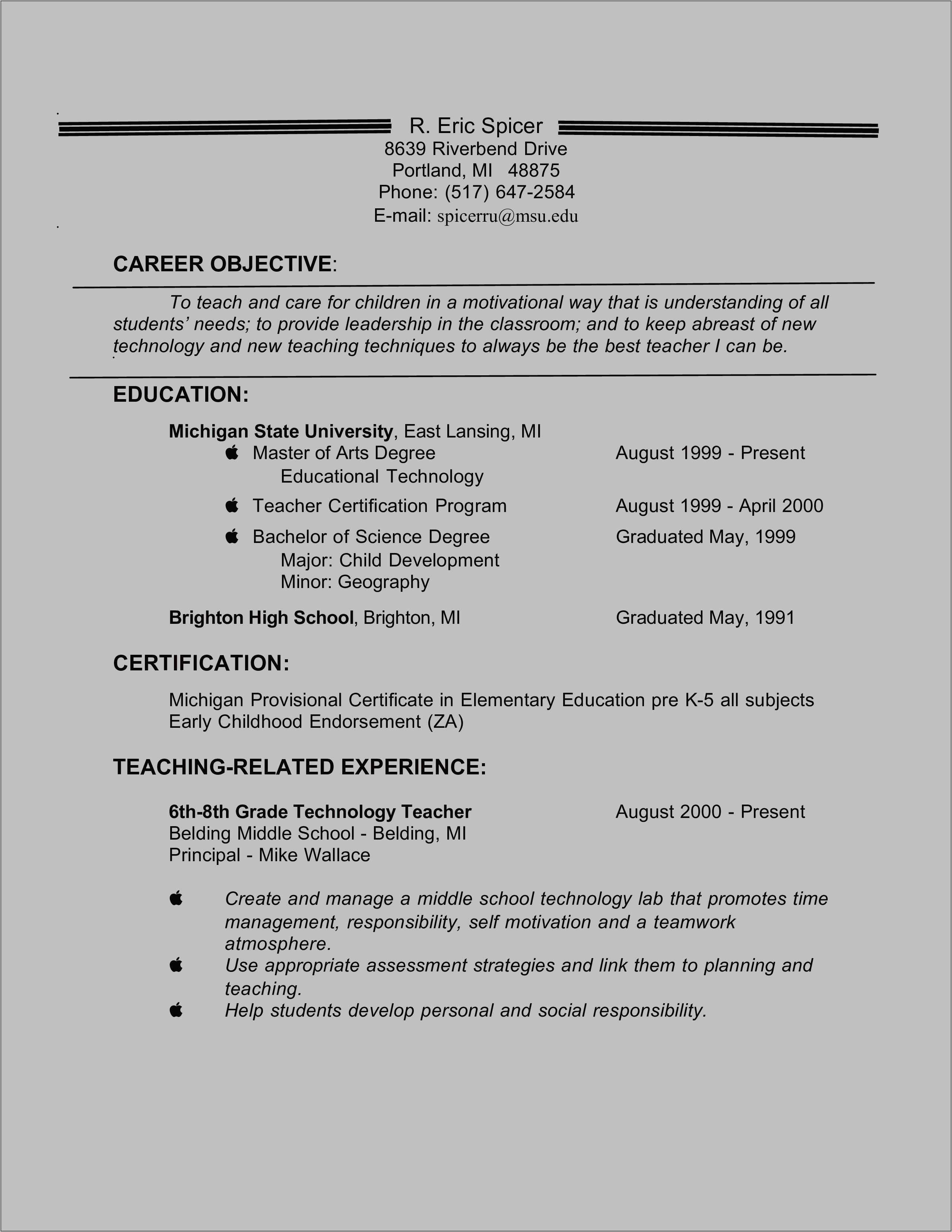 Sample Of Objectives For Resume As A Teacher