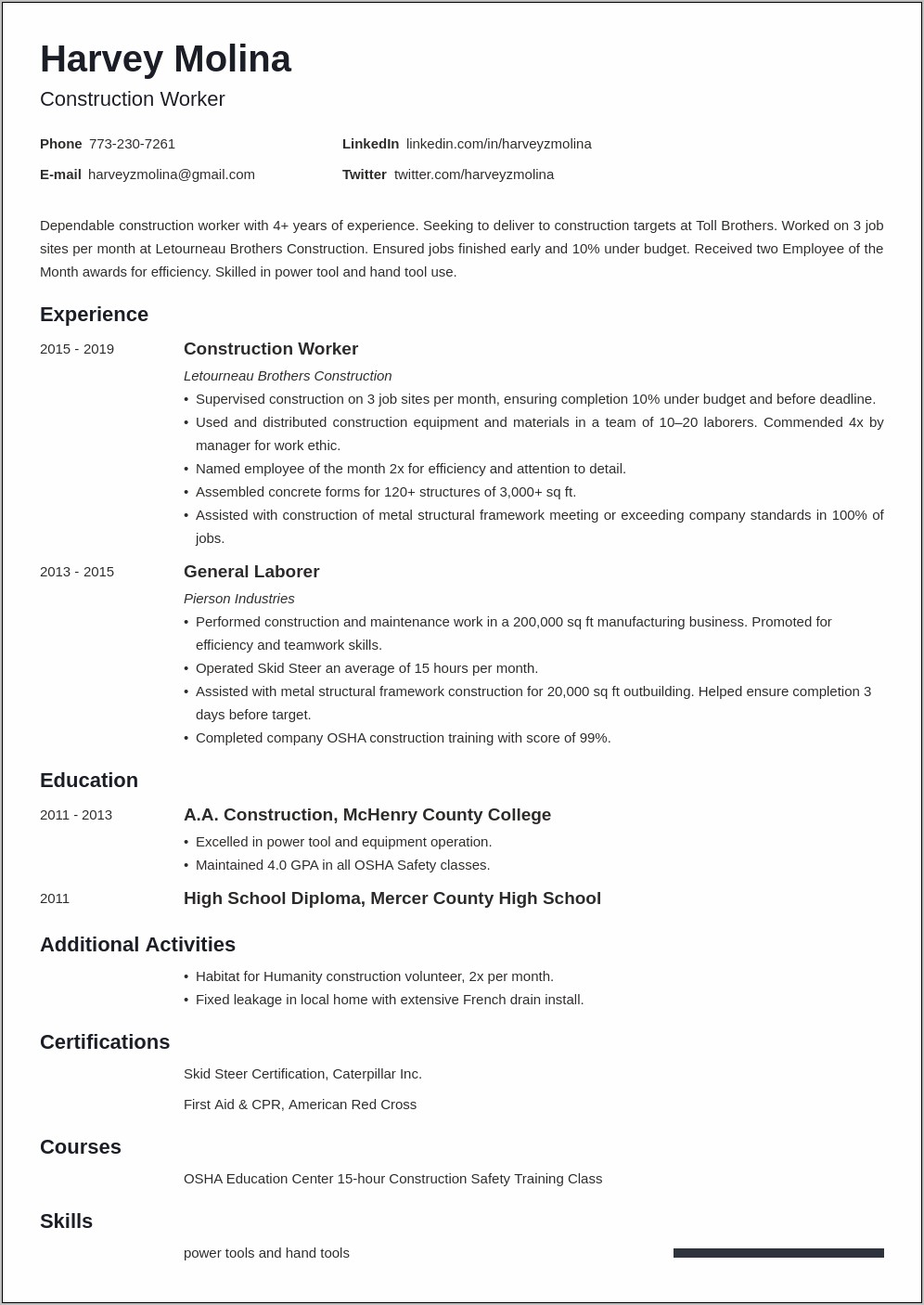 Sample Of Resume Duties For Construction Worker