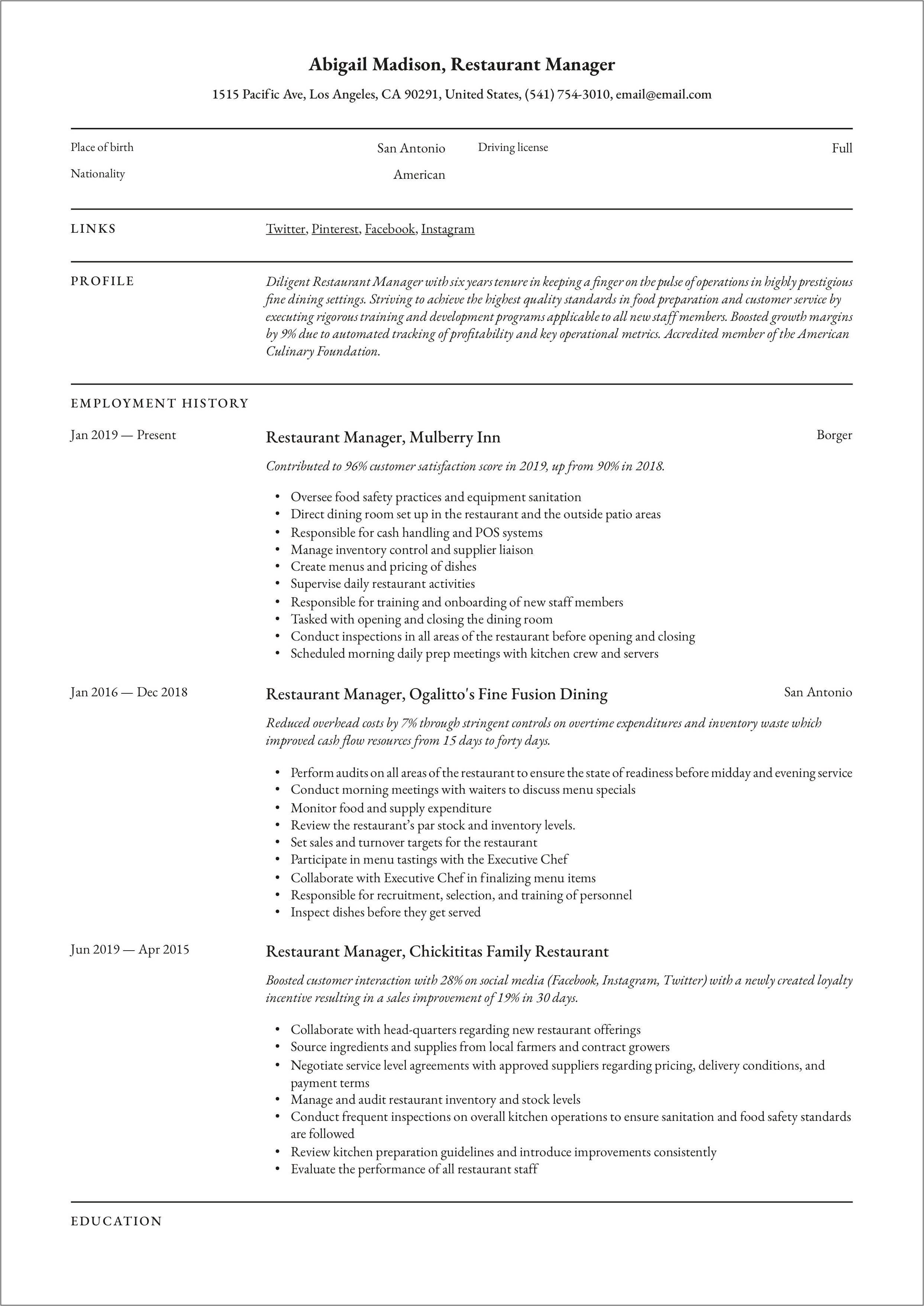 Sample On Servin At Restourant Resume