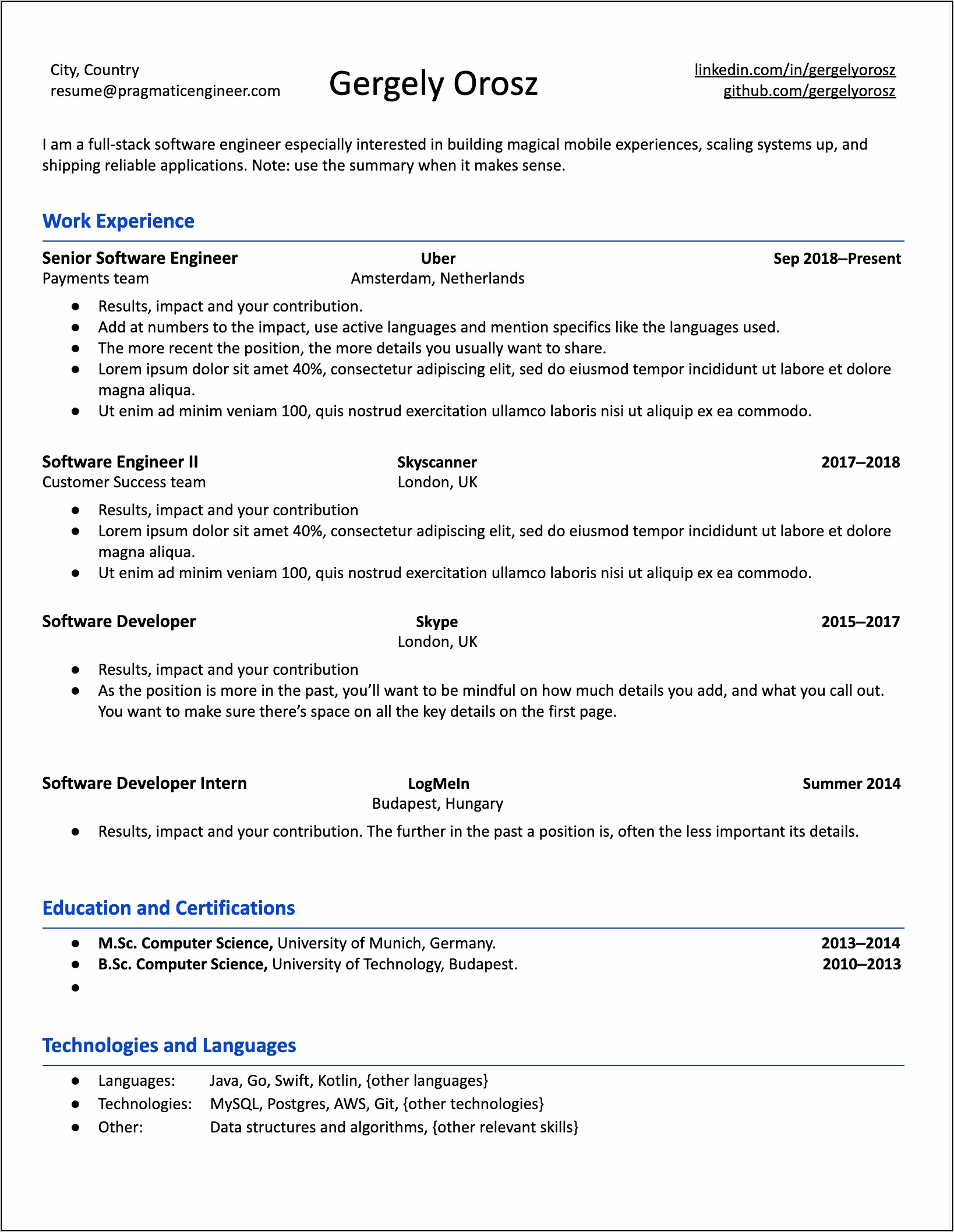 Sample One Page Engineer Resume