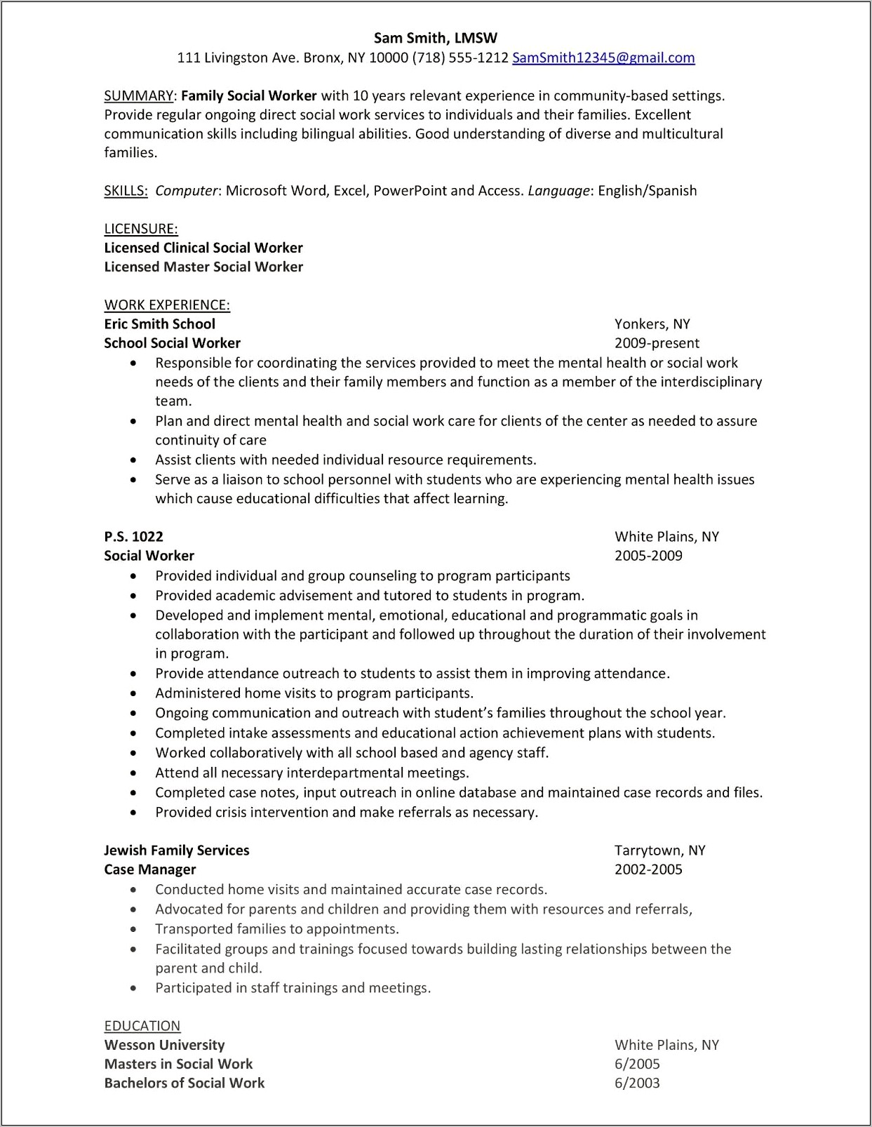 Sample Professional Summary Resume For Social Worker