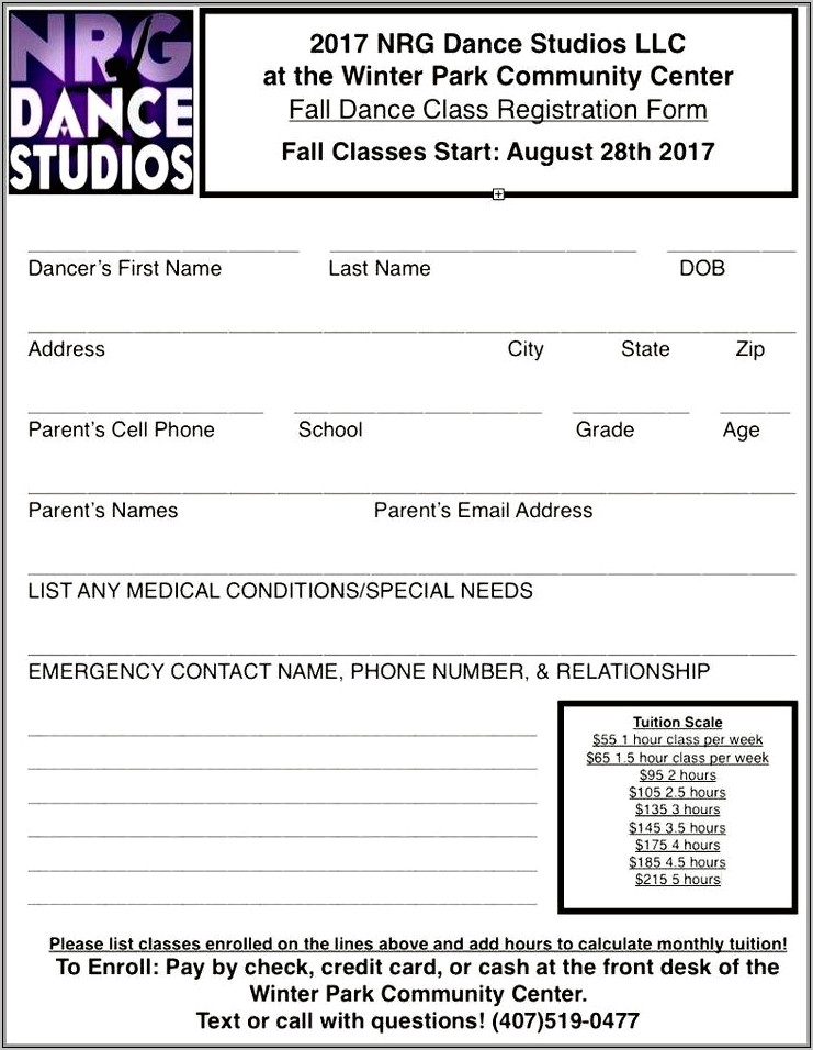 Sample Resume Dance Registration Form Template