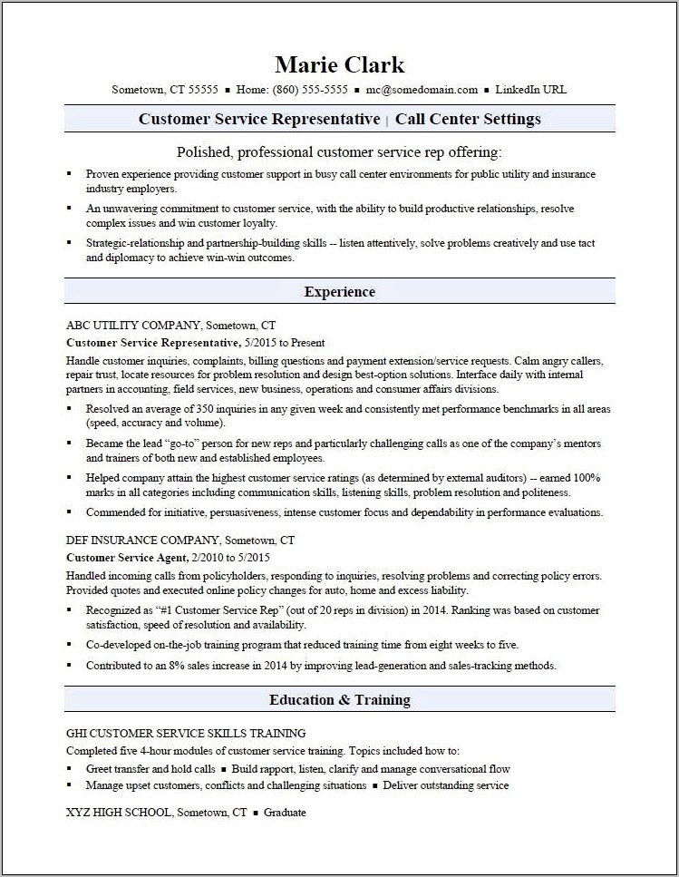 Sample Resume For A Customer Service No Experience