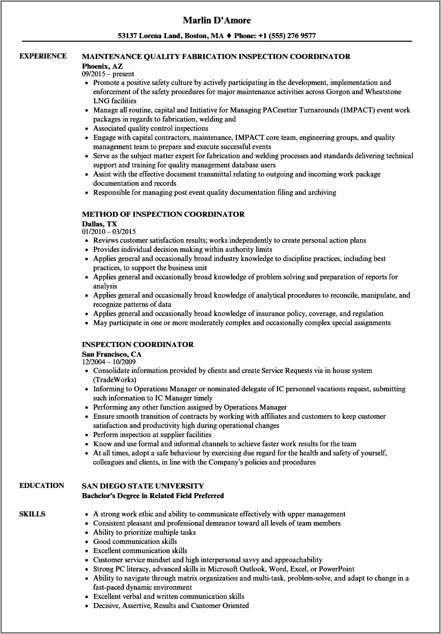 Sample Resume For A Site Inspector Training Instructor