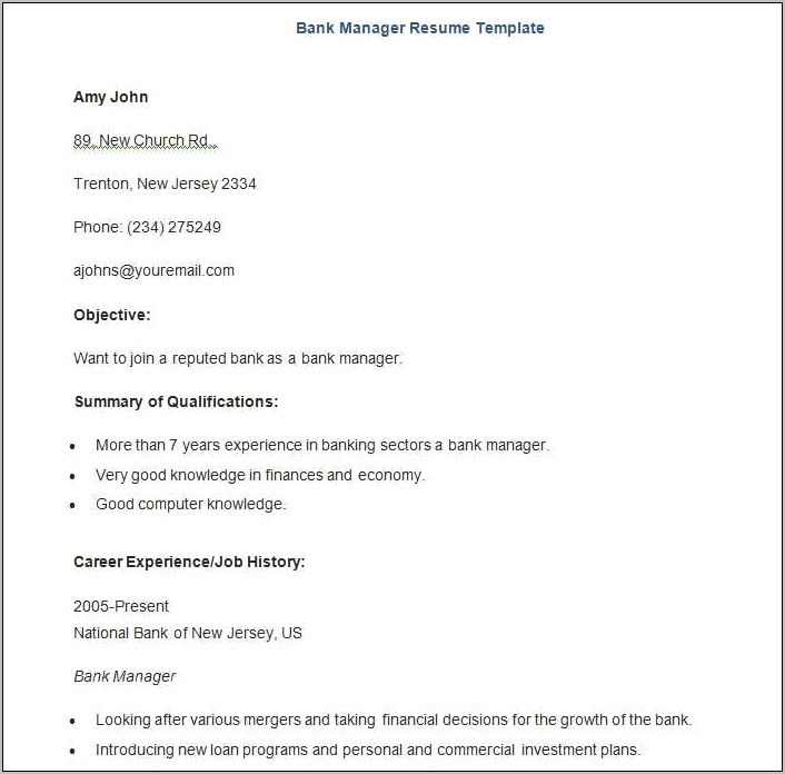 Sample Resume For Bank Jobs Pdf