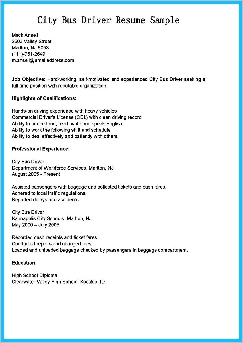 Sample Resume For Bus Driver With No Experience