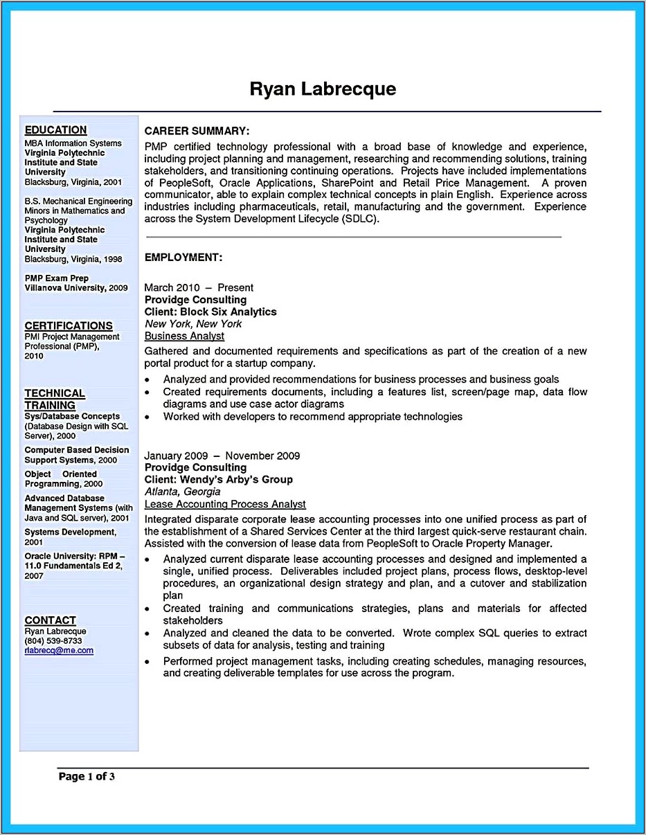 Sample Resume For Business Analyst Manager