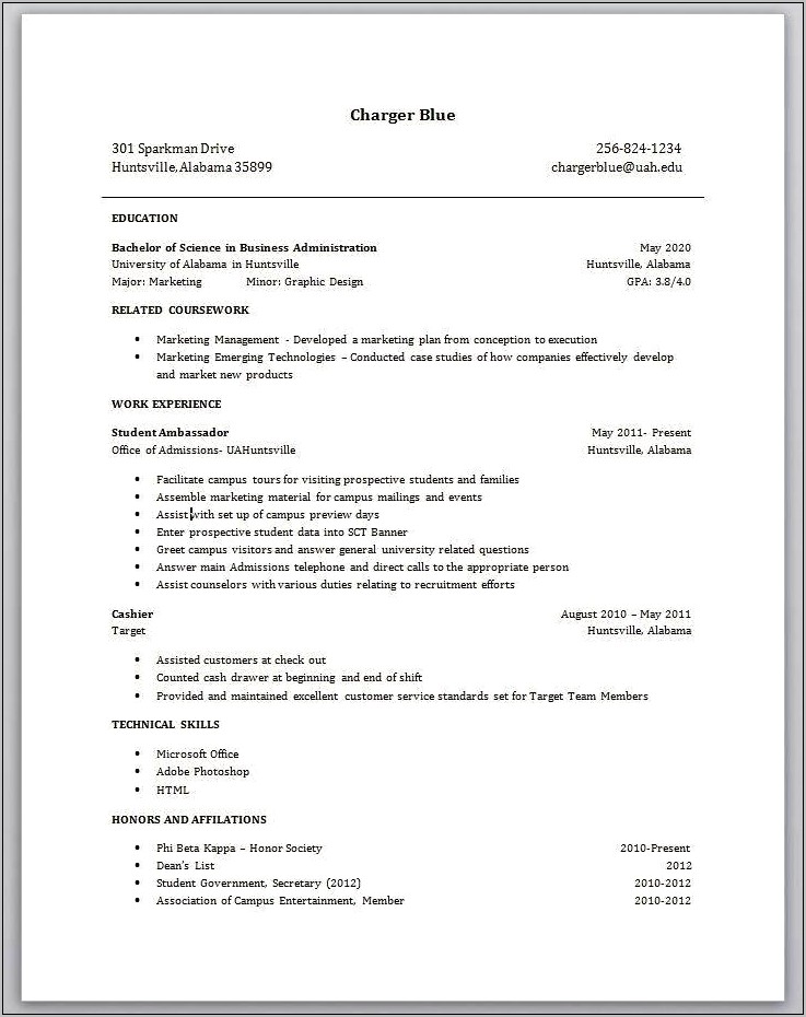 Sample Resume For Business College Student