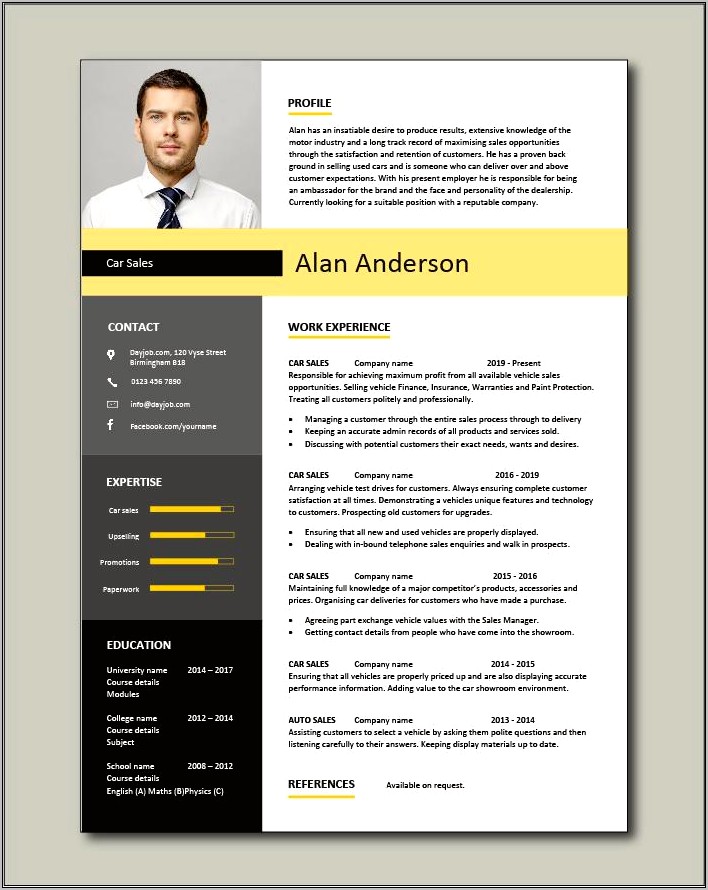 Sample Resume For Car Sales Agent