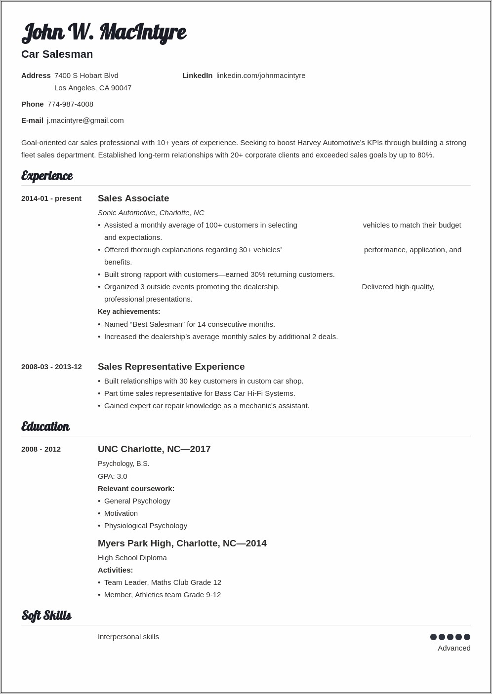 Sample Resume For Car Salesman With No Experience