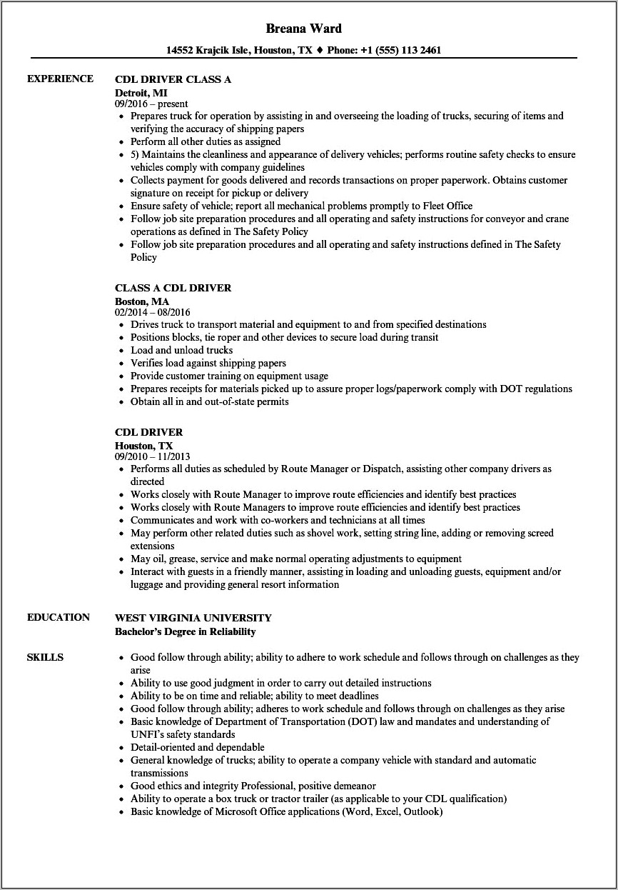 Sample Resume For Cdl Class A